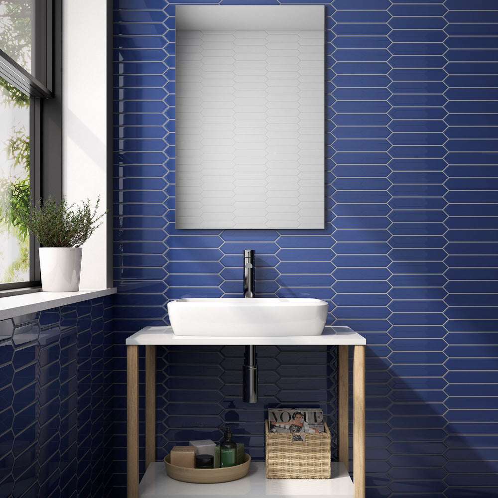 Dynamic and eye-catching, the Block Azul 2X10 Arrow matte ceramic tile offers a contemporary pattern perfect for statement walls.
