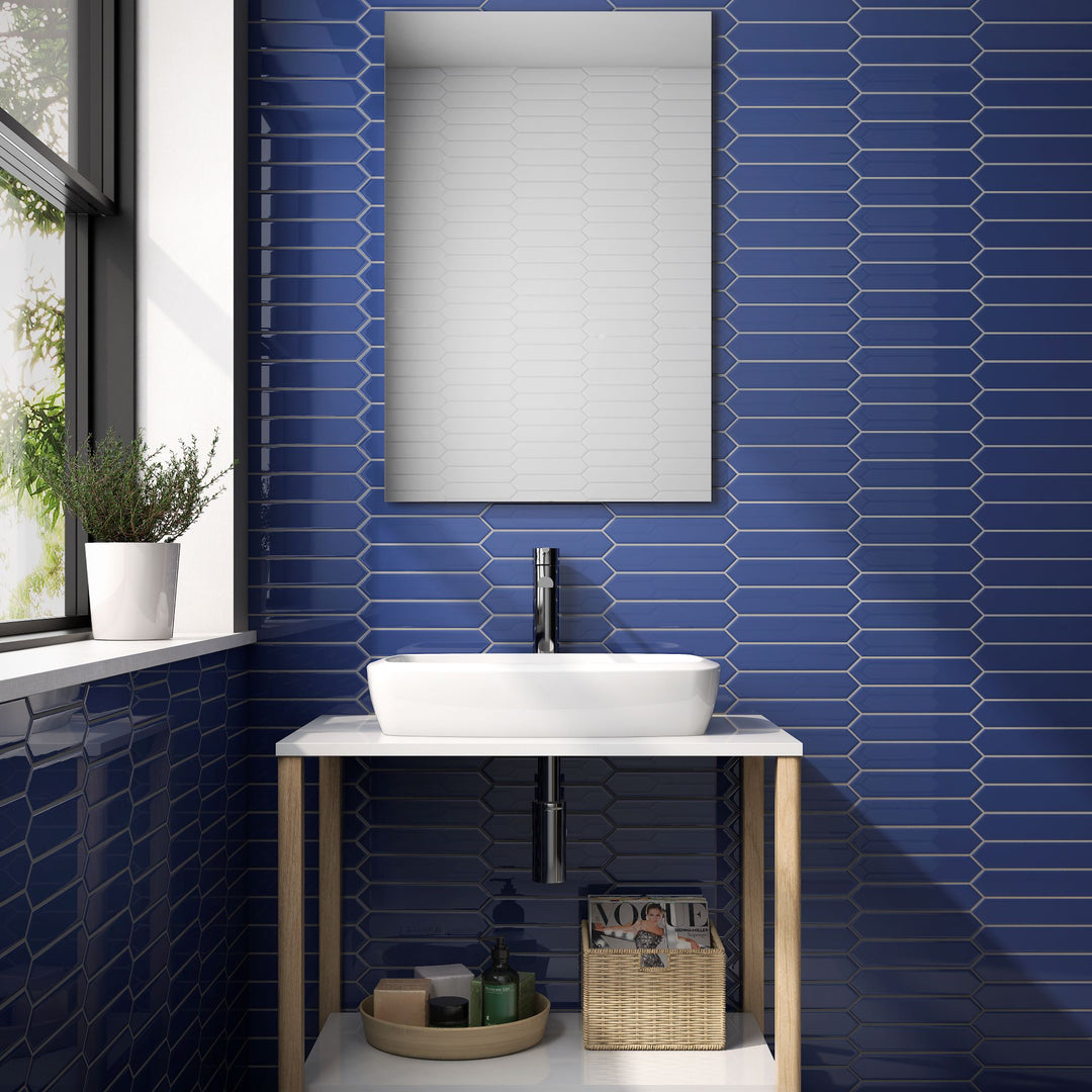 Dynamic and eye-catching, the Block Azul 2X10 Arrow matte ceramic tile offers a contemporary pattern perfect for statement walls.