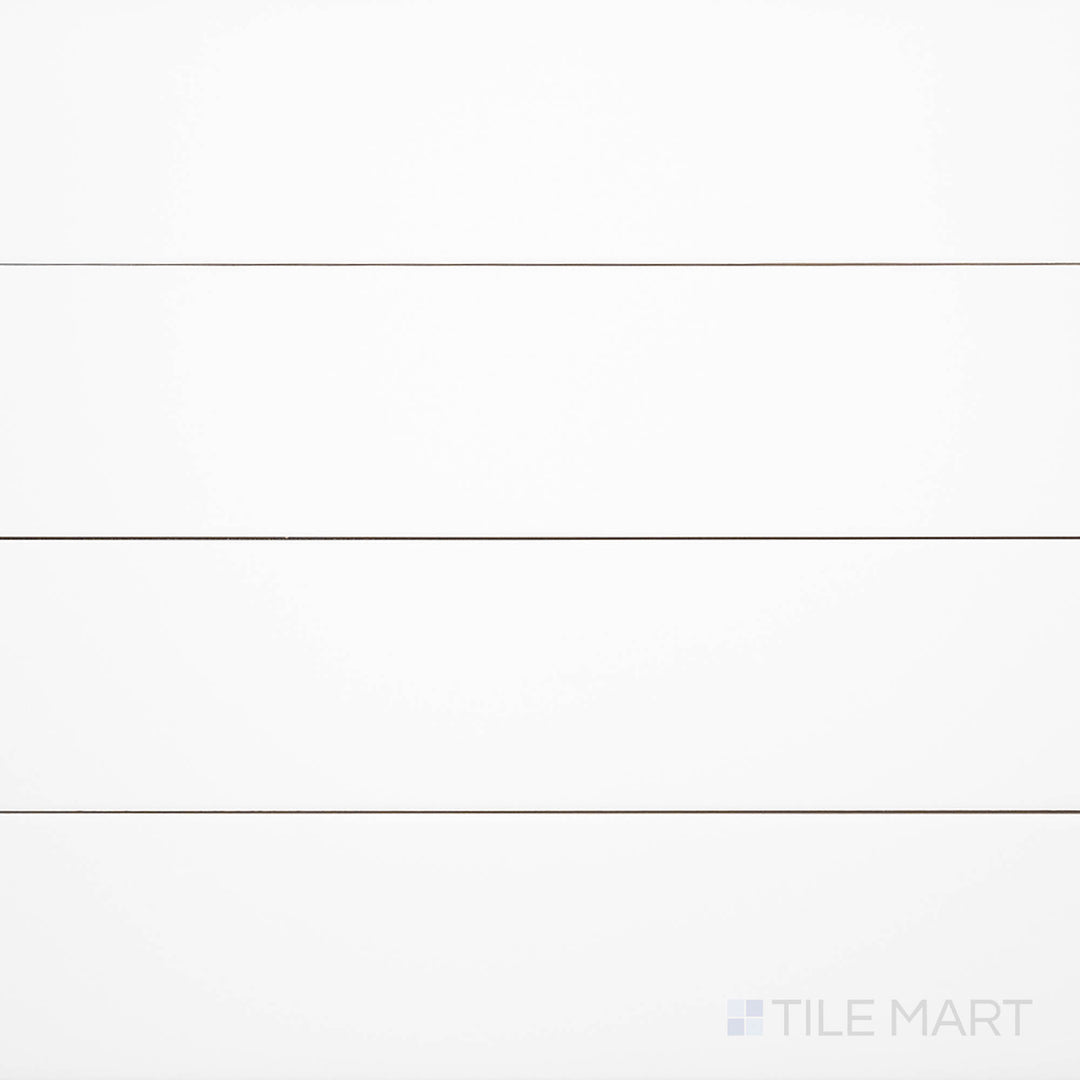 An overhead view of the Block Blanco 4x24 inch matte glazed porcelain tile highlights its crisp white tone and soft matte surface, perfect for a clean and contemporary look.