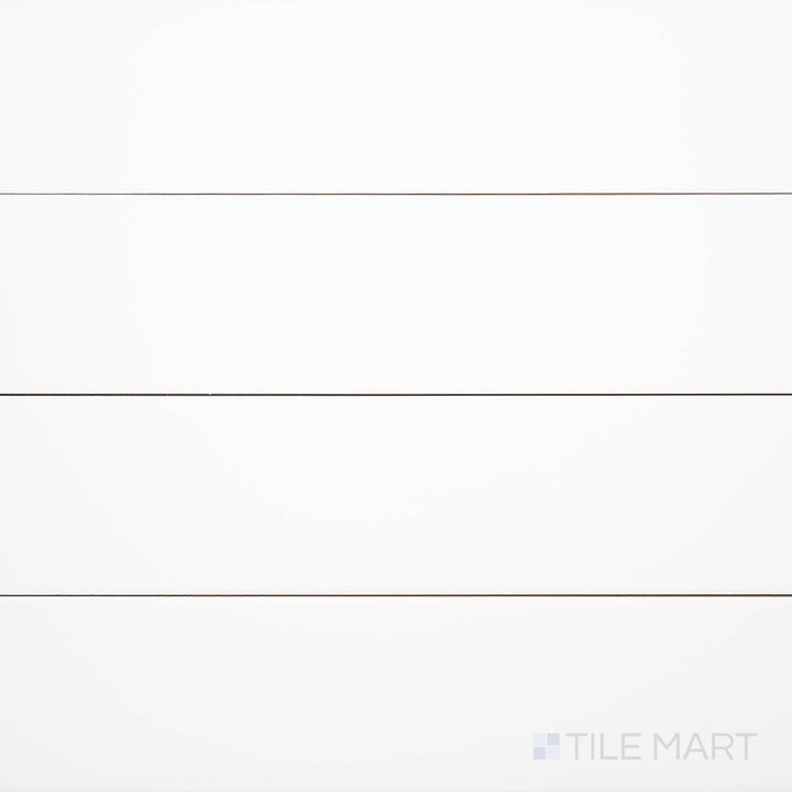 An overhead view of the Block Blanco 4x24 inch matte glazed porcelain tile highlights its crisp white tone and soft matte surface, perfect for a clean and contemporary look.