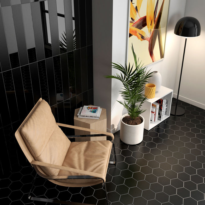 Dramatic and contemporary, the Block Negro 6" hexagon matte glazed porcelain tile enhances modern interiors with its deep tone and geometric elegance.