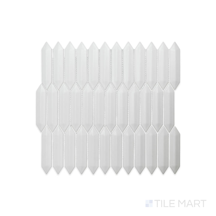 An intricate view of Cc Mosaics Plus White 1X4 3D Picket Matte Glazed Porcelain showcases its dimensional picket shape with a soft matte texture for subtle depth.
