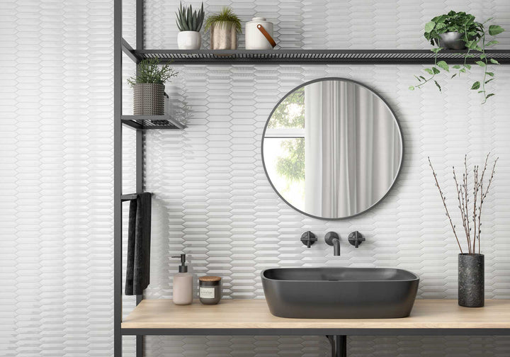 Elevate walls with CC Mosaics Plus White 1X4 3D Picket matte glazed porcelain, a dynamic and textural design that brings contemporary elegance to any setting.