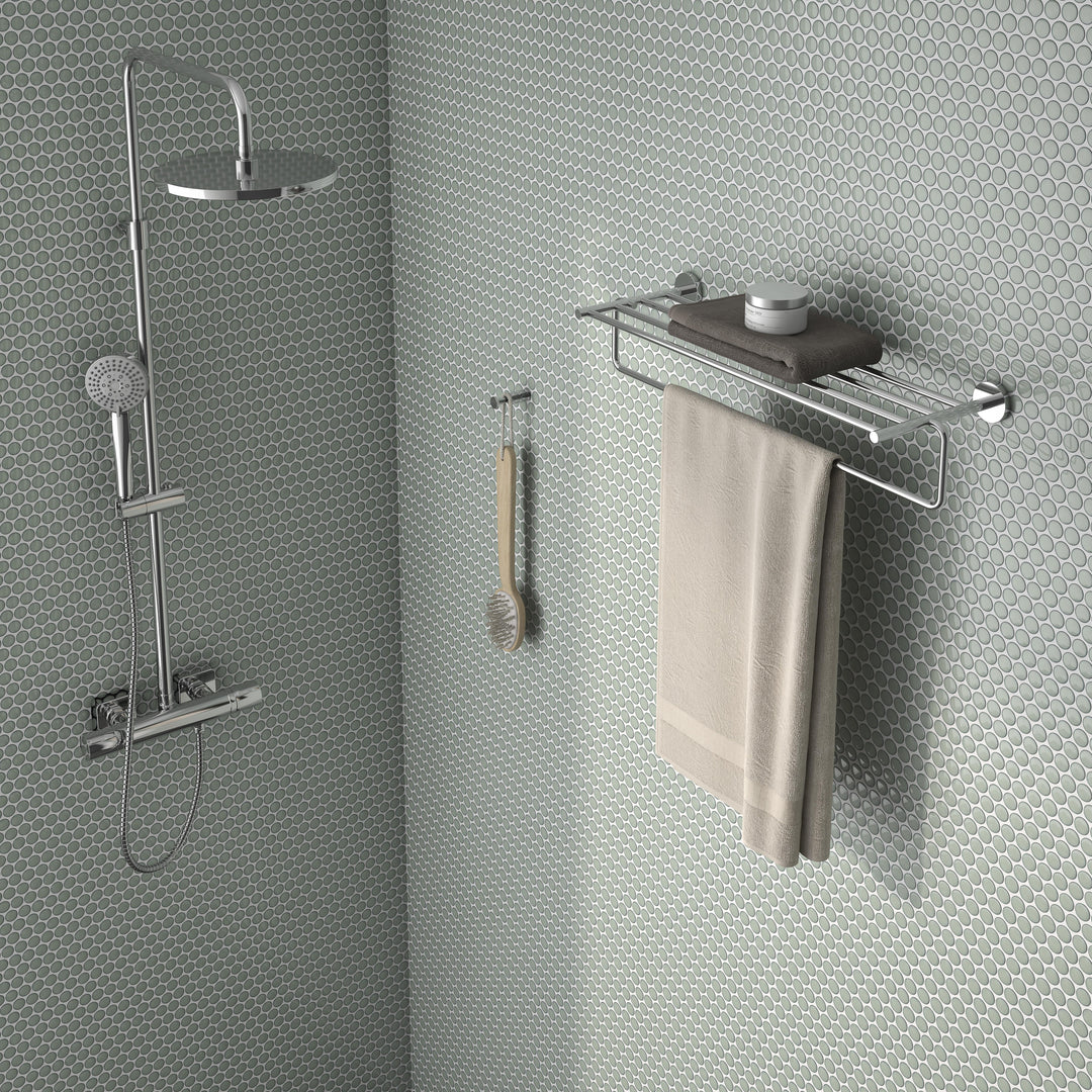 Cc Mosaics Plus Mint Green penny round bright glazed porcelain tiles with a fresh green hue and glossy finish.