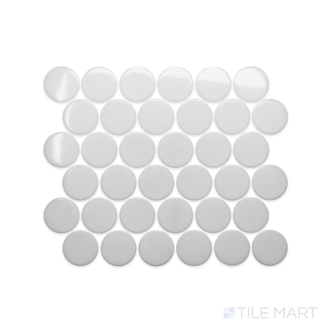 A refined close-up of Cc Mosaics Plus White 2" Dots Bright Glazed Porcelain highlights its clean white surface and uniform round dot pattern with a high-gloss finish.