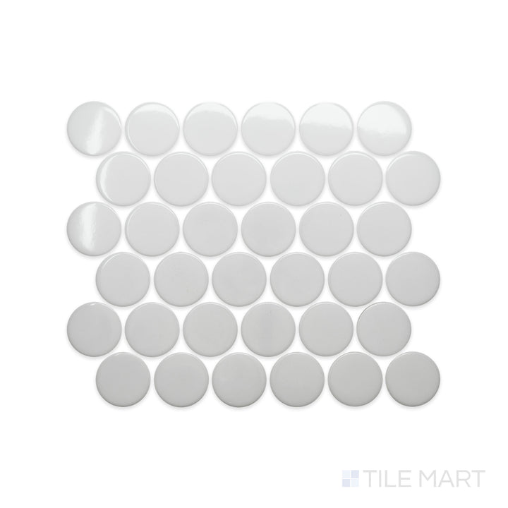 A refined close-up of Cc Mosaics Plus White 2" Dots Bright Glazed Porcelain highlights its clean white surface and uniform round dot pattern with a high-gloss finish.