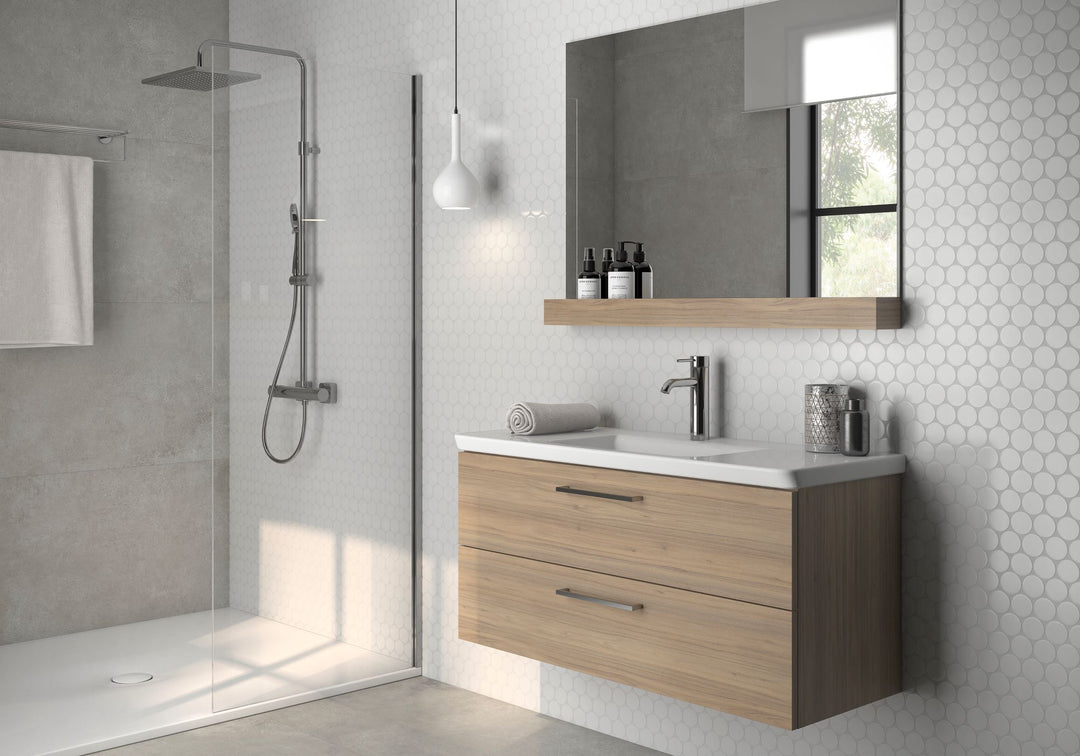 Add a touch of geometric charm with CC Mosaics Plus White 2" Dots bright glazed porcelain, a playful yet refined tile perfect for artistic, eye-catching spaces.