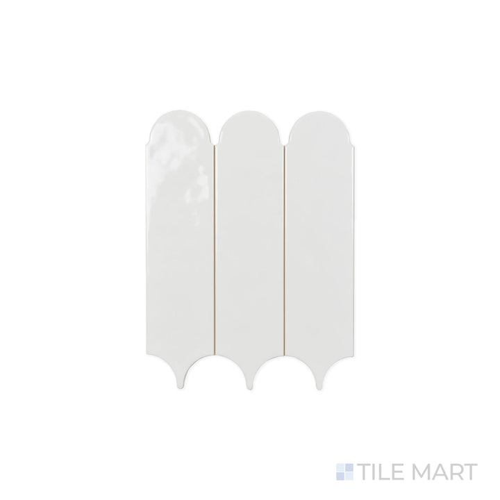 A detailed close-up of Feathers White Ice 3X12 Bright Ceramic highlights its crisp white surface and glossy sheen, adding elegance and brightness to interiors.