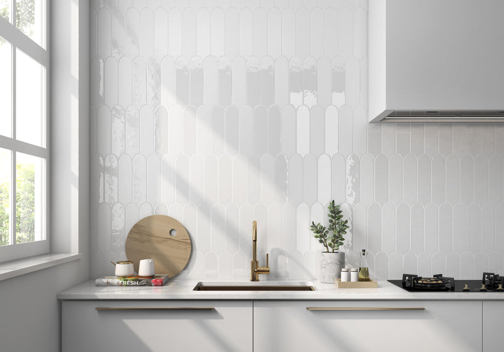 Feathers White Ice 3x12 bright ceramic tiles showcasing a sleek white surface with a refined, polished look.