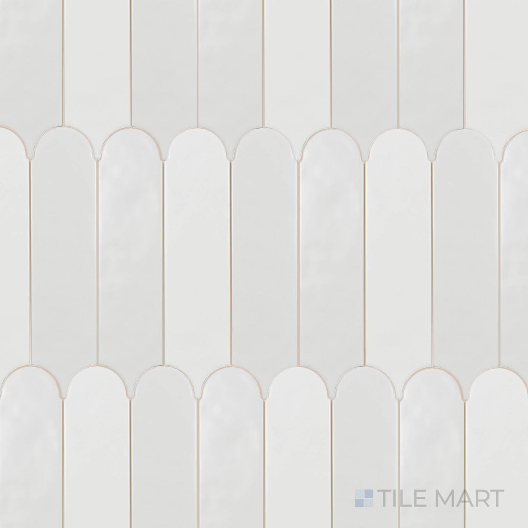 This top-down shot of the Feathers White Ice 3x12 inch matte ceramic tile showcases its soft white hue and smooth, non-reflective texture, ideal for a subtle and sophisticated look.