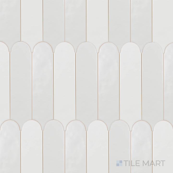 This top-down shot of the Feathers White Ice 3x12 inch matte ceramic tile showcases its soft white hue and smooth, non-reflective texture, ideal for a subtle and sophisticated look.