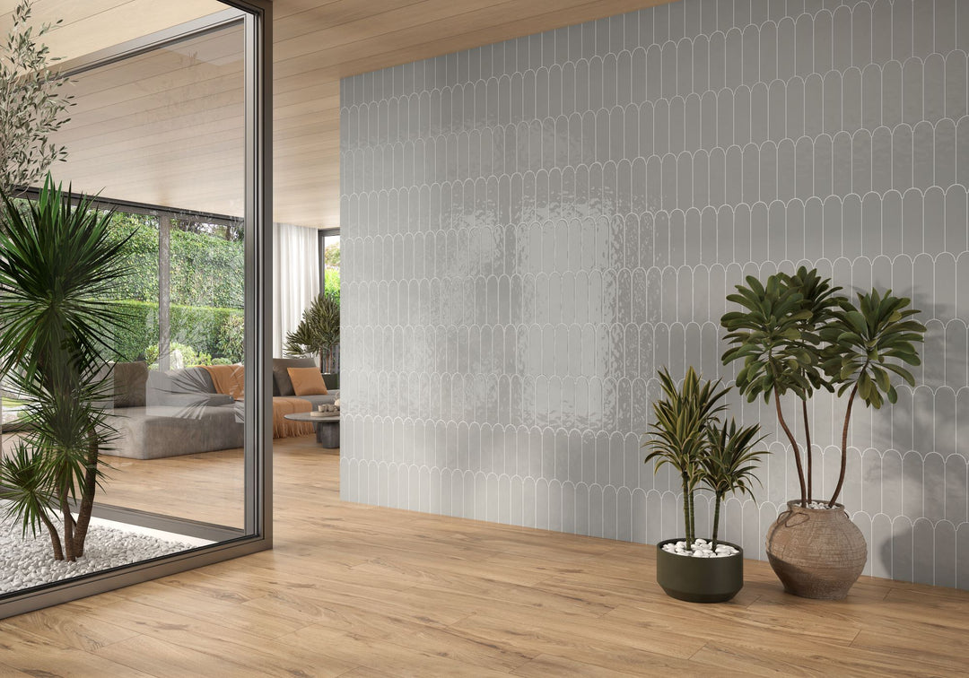 Balance contemporary style with Feathers Neu Gray 3X12 bright ceramic tile, a chic neutral tone that complements minimalist and industrial spaces.