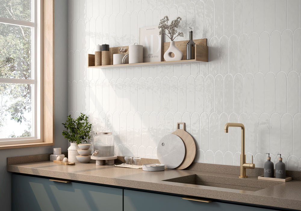 Introduce warmth and texture with Feathers Wool 3X12 bright ceramic tile, a cozy yet sophisticated backdrop for any modern interior.