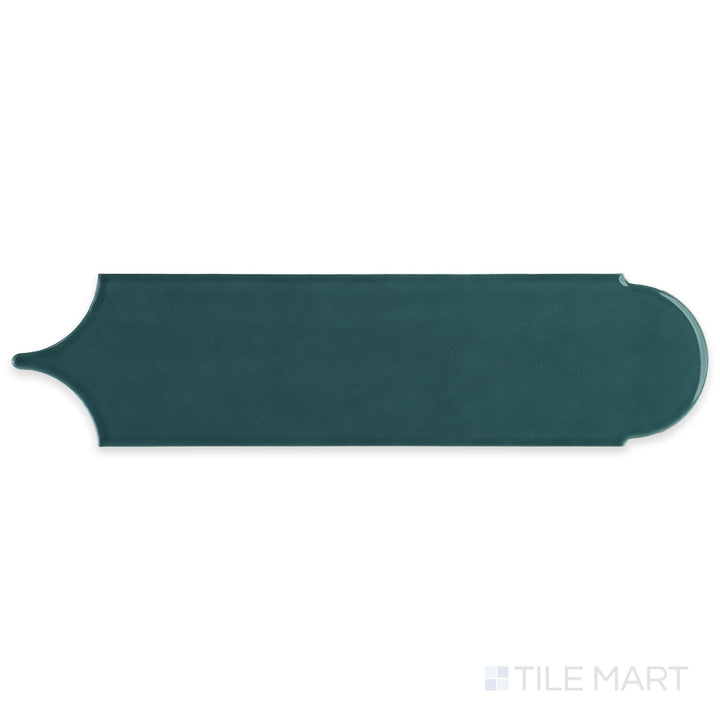 Top-down view of Feathers Seagrass 3x12 Bright ceramic tile, capturing the full feather-shaped tile in a vibrant sea-green glossy finish.