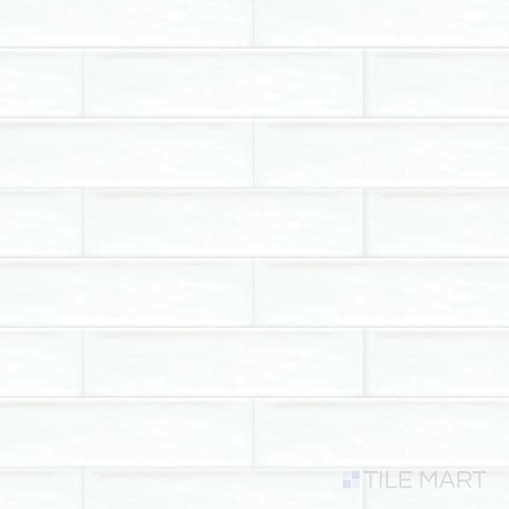 A top-down shot of the Flow White 3x12 inch bright ceramic tile presents its clean white shade with a high-gloss surface, perfect for brightening interiors with a sleek touch.