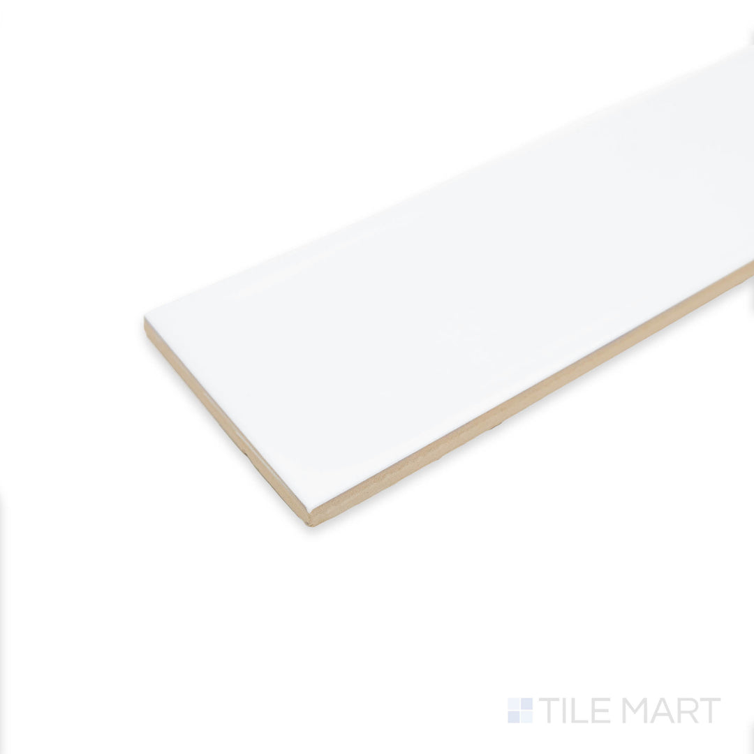 Close-up side view of Flow Frost 3X12 bright ceramic tile, emphasizing its cool frosty tone, luminous surface, and seamless corner alignment.