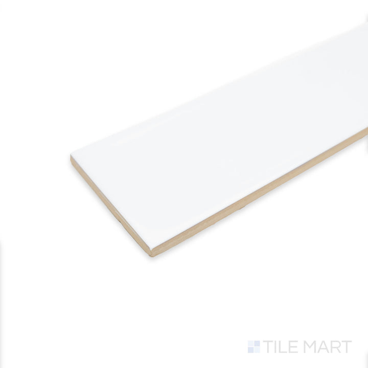 Close-up side view of Flow Frost 3X12 bright ceramic tile, emphasizing its cool frosty tone, luminous surface, and seamless corner alignment.