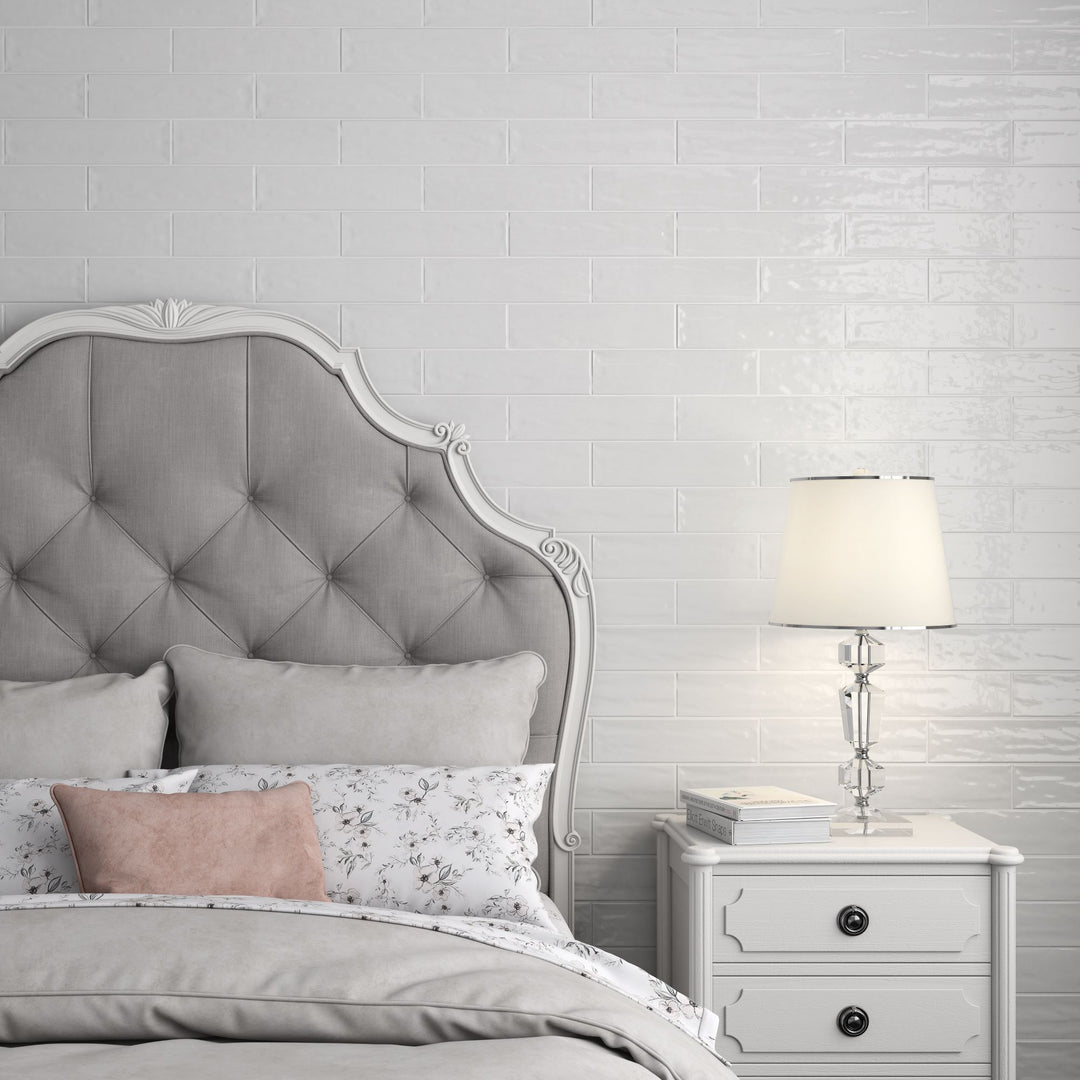 Transform interiors with the cool elegance of Flow Frost 3X12 bright ceramic tile, evoking the serene beauty of winter landscapes.