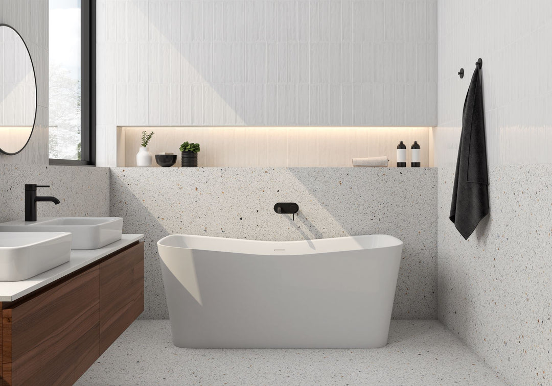 Cool and frosty, Flow Frost 3x12 bright ceramic brings a crisp and clean aesthetic with a glossy touch.