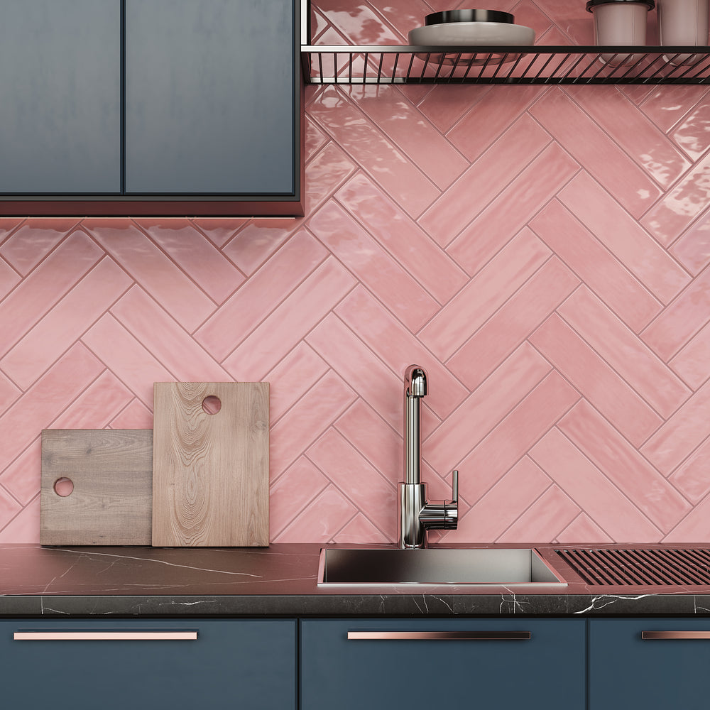 Flow Velvet Pink 3x12 bright ceramic tiles with a soft pink hue and glossy surface for a chic, contemporary look.