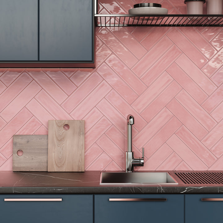 Flow Velvet Pink 3x12 bright ceramic tiles with a soft pink hue and glossy surface for a chic, contemporary look.