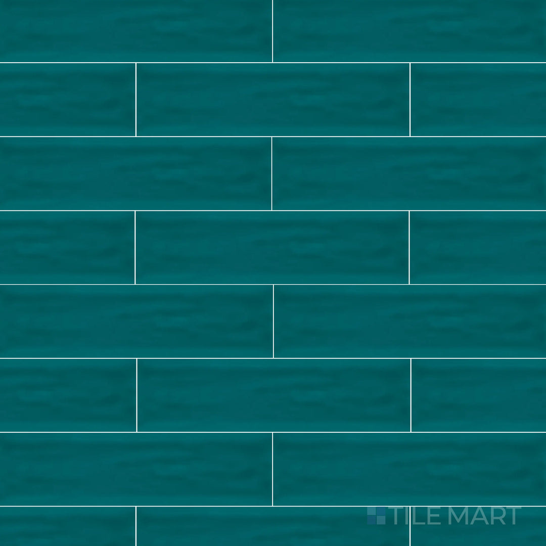 A top-down shot of the Flow Peacock Green 3x12 inch bright ceramic tile presents its deep green shade with a high-gloss surface, bringing a bold and refreshing aesthetic.