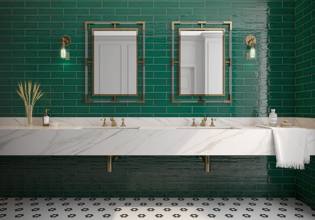 Reconnect with nature through Flow Living Green 3X12 bright ceramic tile, a refreshing shade that evokes tranquility and lush beauty.