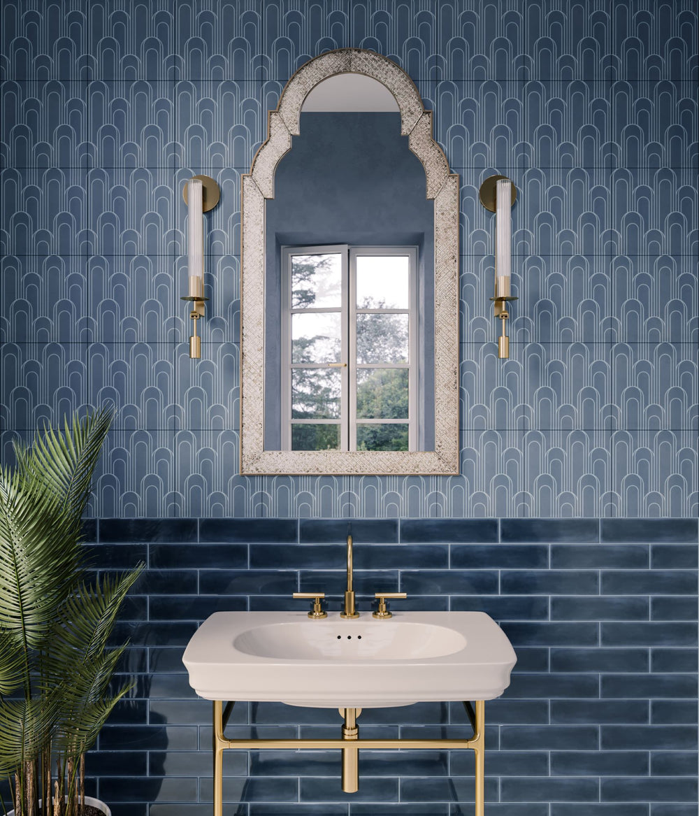 Add a celestial touch with Flow Cosmic Sapphire 3X12 bright ceramic tile, a deep and mesmerizing hue reminiscent of starlit skies.