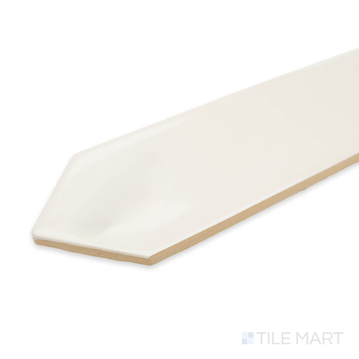 Angled view of Flow White 3X12 picket bright ceramic tile, featuring its crisp white color, sleek polished glaze, and distinct geometric corner transition.