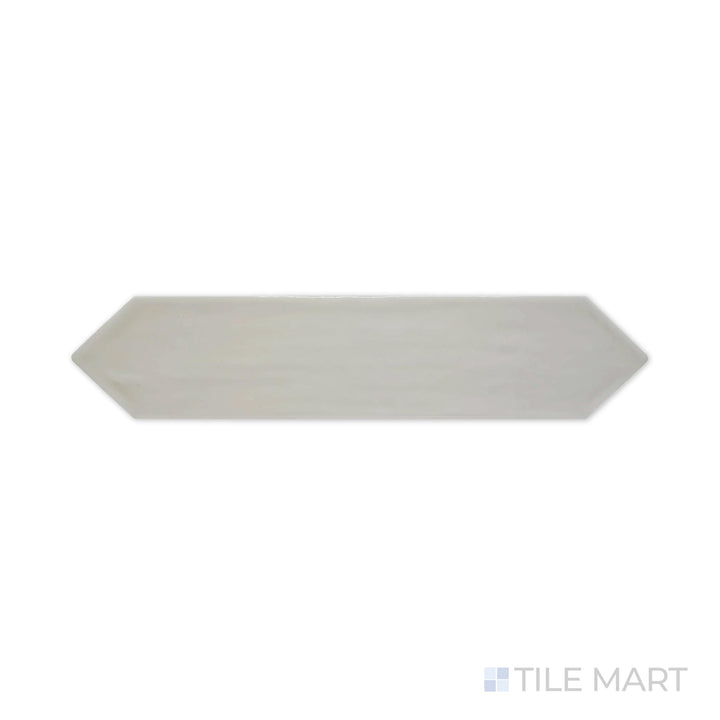 A detailed macro shot of Flow Tender Gray 3X12 Picket Bright Ceramic displays its soft gray shade with a sleek, polished surface, adding depth to any space.