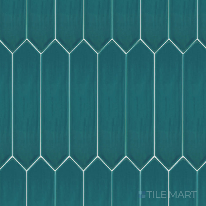 An overhead perspective of the Flow Peacock Green 3x12 inch Picket bright ceramic tile showcases its vibrant green hue and sleek picket layout, bringing energy and style to interiors.