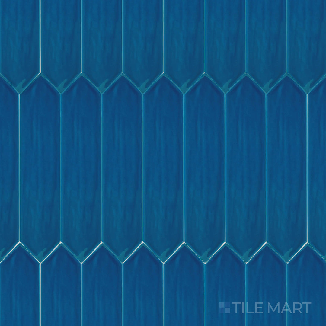 A high-angle view of the Flow Cosmic Sapphire 3x12 inch Picket bright ceramic tile presents its deep blue hue and structured picket pattern, creating a bold and contemporary statement.