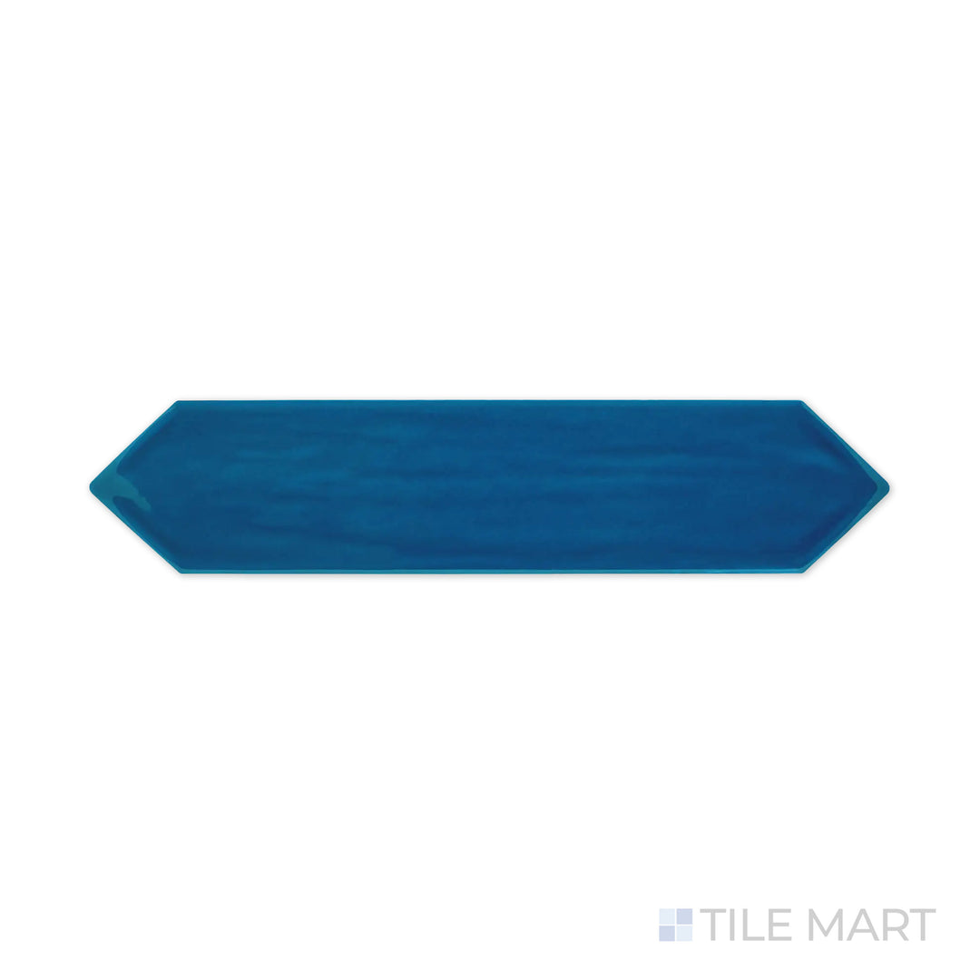 A high-resolution close-up of Flow Cosmic Sapphire 3X12 Picket Bright Ceramic showcases its bold sapphire blue hue and polished finish, ideal for statement walls.