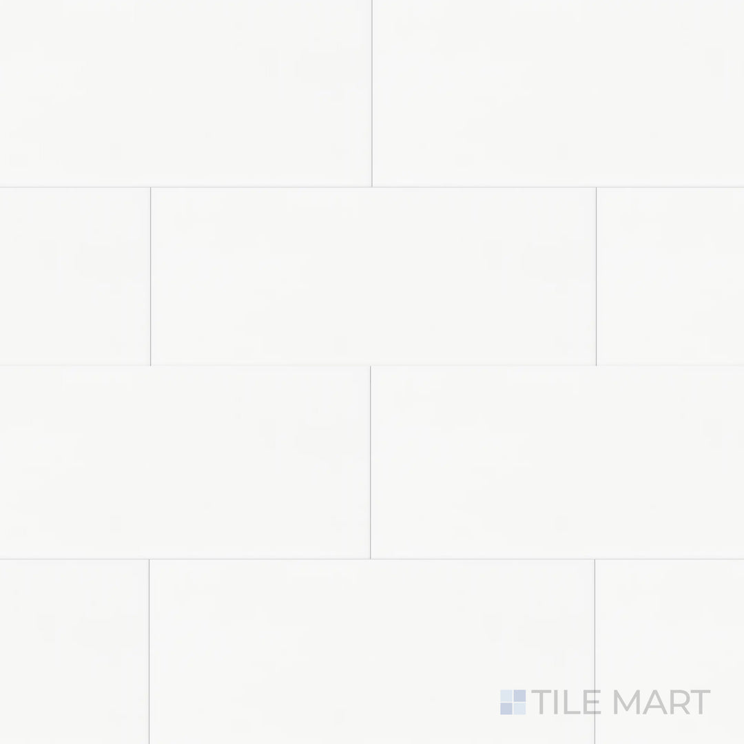 A top-down perspective of the Maiolica White 4x10 inch bright ceramic tile showcases its clean white hue and polished surface, ideal for brightening up interior spaces.