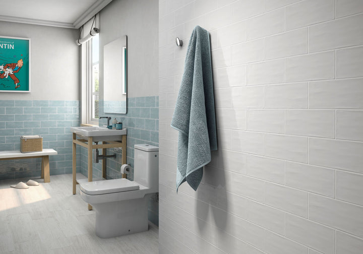 Aqua tones and a glossy sheen bring a refreshing and vibrant touch to Maiolica Aqua 4x10 bright ceramic.