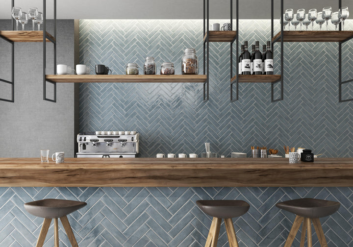 Maiolica Blue Steel 3x12 bright ceramic tiles featuring a striking blue shade with a glossy finish for a bold, modern accent.