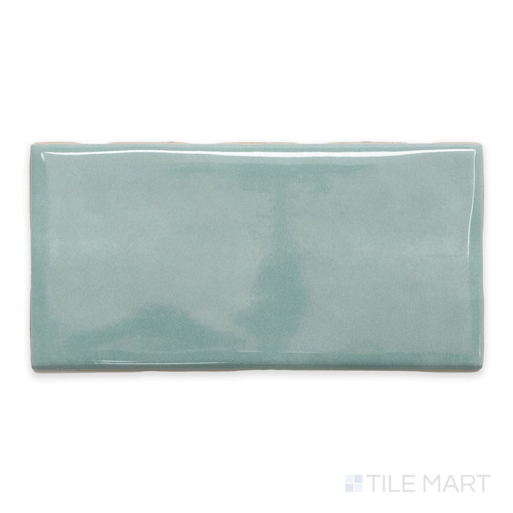 A flat-lay shot of Maiolica Aqua 3x6 bright ceramic