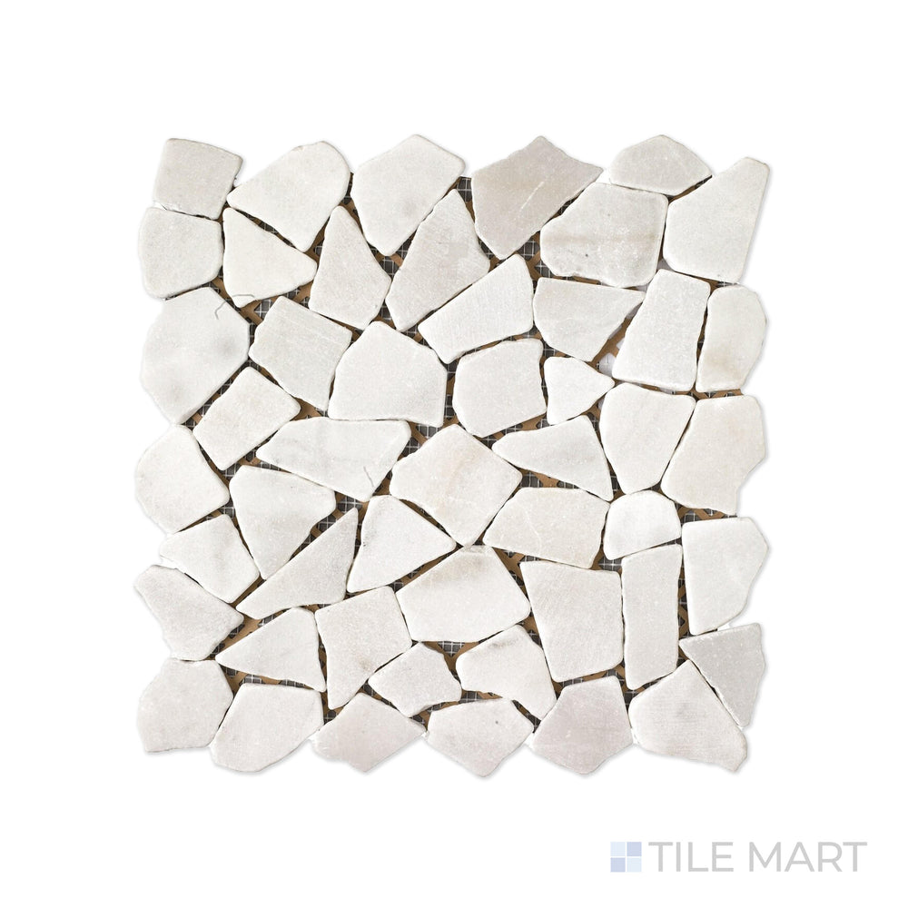 Close-up of Rockart Blanco Juliano Marble Mosaic, showcasing its bright white tones with delicate veining. The polished surface highlights its timeless elegance.