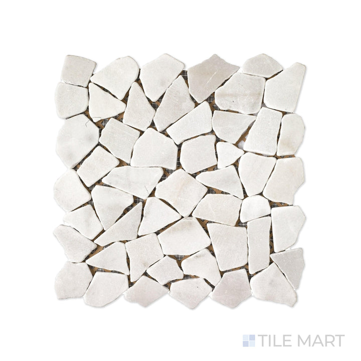 Close-up of Rockart Blanco Juliano Marble Mosaic, showcasing its bright white tones with delicate veining. The polished surface highlights its timeless elegance.