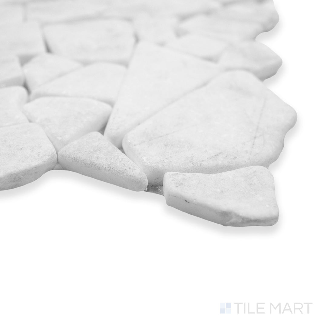 Rockart Blanco Juliano marble mosaic in a corner shot, showcasing its crisp white tones and natural veining for a timeless, elegant design.