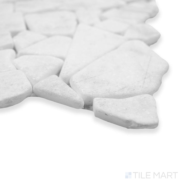 Rockart Blanco Juliano marble mosaic in a corner shot, showcasing its crisp white tones and natural veining for a timeless, elegant design.