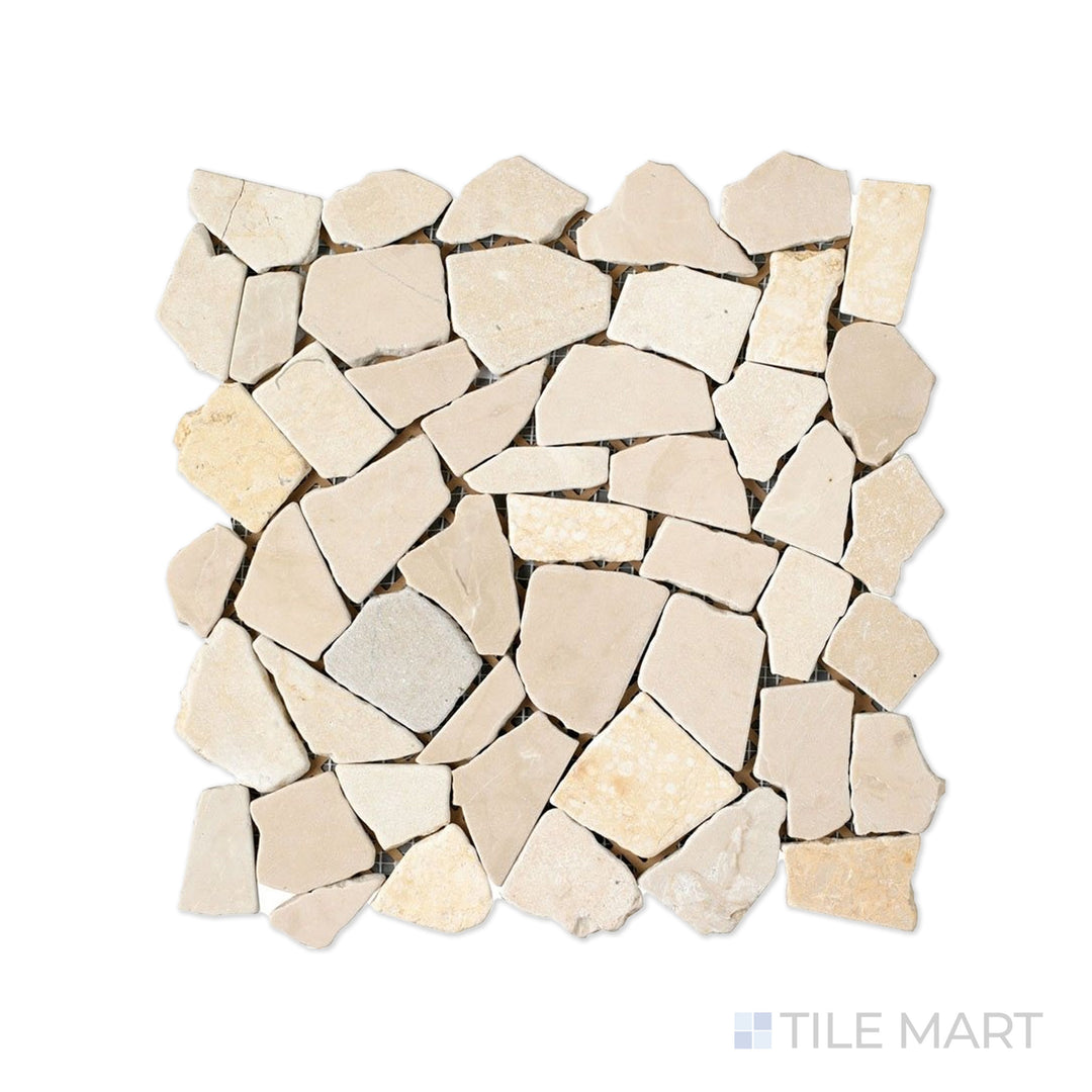 A zoomed-in view of Rockart Beige Juliano Marble Mosaic, featuring warm beige hues with subtle natural patterns. The smooth, polished finish enhances its refined appeal.