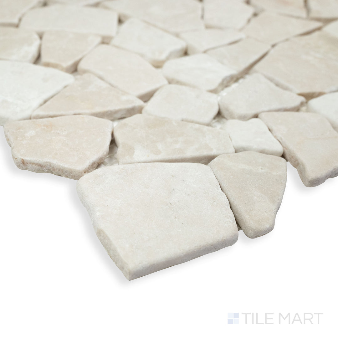 A warm and inviting corner view of Rockart Beige Juliano marble mosaic, featuring soft beige hues and delicate stone textures.