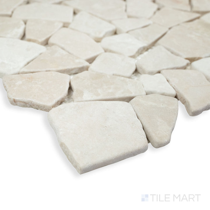 A warm and inviting corner view of Rockart Beige Juliano marble mosaic, featuring soft beige hues and delicate stone textures.