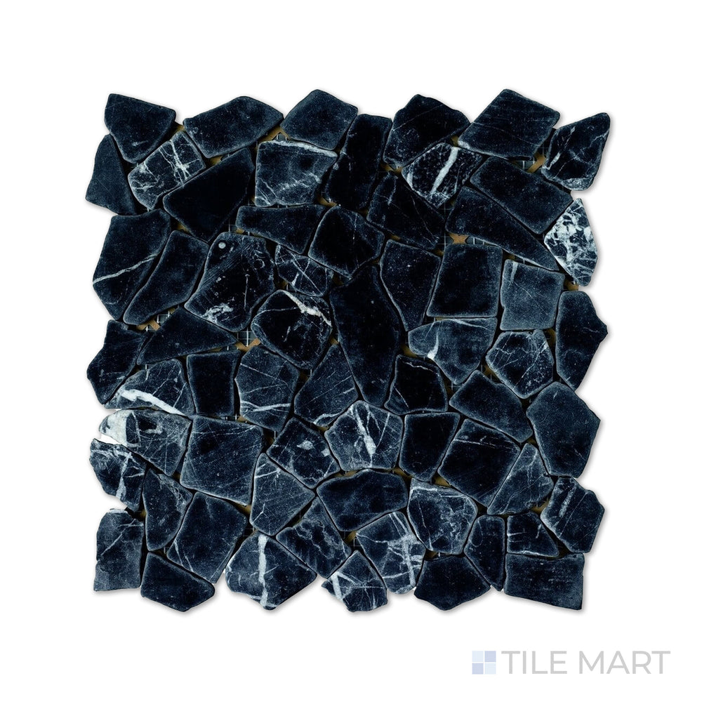 Detailed look at Rockart Negro Juliano Marble Mosaic, emphasizing its deep black shade with elegant white veining. The polished surface adds a touch of sophistication.