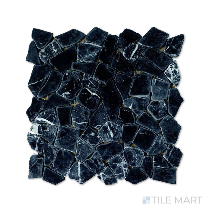 Detailed look at Rockart Negro Juliano Marble Mosaic, emphasizing its deep black shade with elegant white veining. The polished surface adds a touch of sophistication.