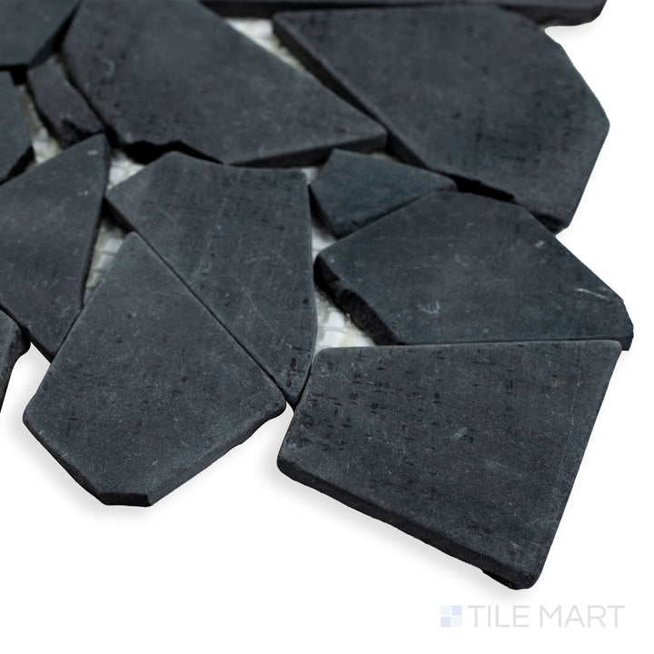 Rockart Negro Juliano marble mosaic captured in a corner perspective, emphasizing its deep black tones and polished natural stone look.