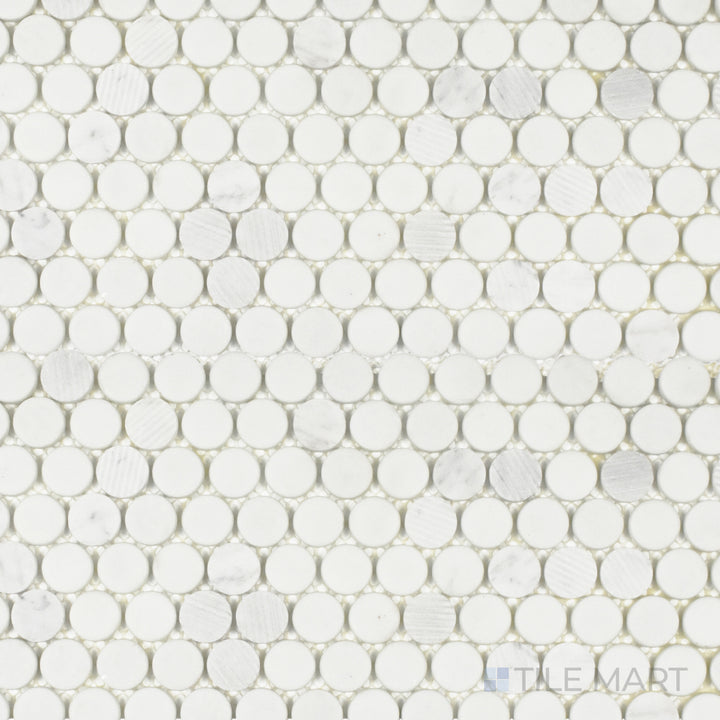 An overhead view of the Rockart Carrara Penny Round mosaic highlights its blend of matte and polished Carrara marble with recycled glass, forming a sophisticated penny-round pattern.