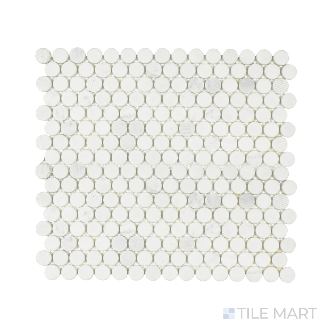 Close-up of Rockart Carrara Penny Round Matte and Polished Marble Mosaic, displaying its soft white tones with natural veining. The mix of matte and polished finishes creates a dynamic contrast.