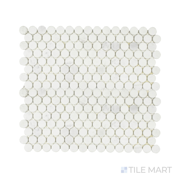 Close-up of Rockart Carrara Penny Round Matte and Polished Marble Mosaic, displaying its soft white tones with natural veining. The mix of matte and polished finishes creates a dynamic contrast.